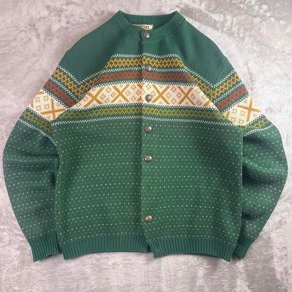 VTG Nordic Pattern Cardigan Green Wool Knit Women’s Large Sweater Button Up